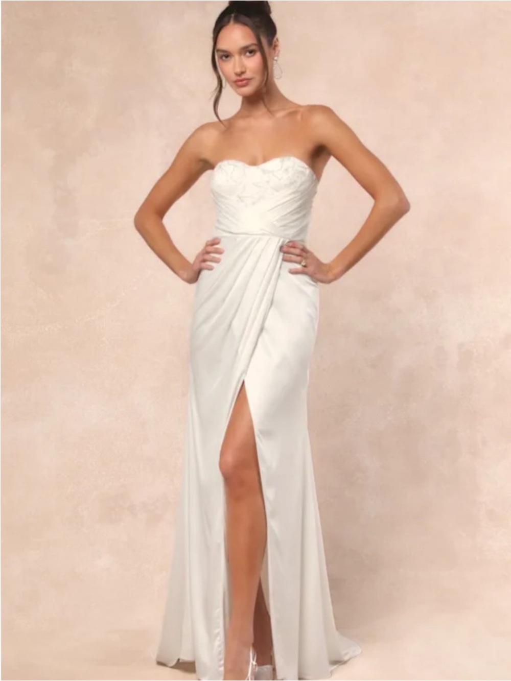 Lulu's Ivory Strapless Satin Evening Gown with High Slit Sz Medium